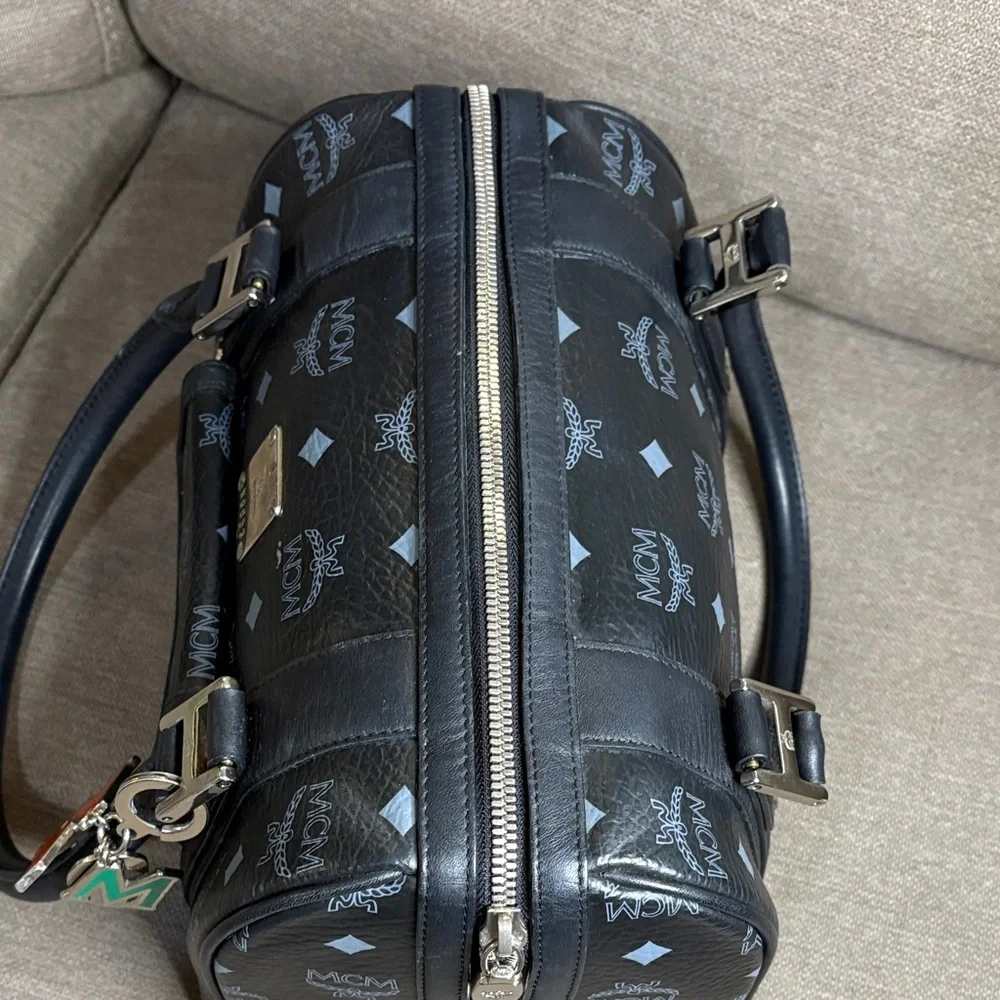 MCM  Visetos Black Boston Bag Leather Trim Silver Hardware Charms CIOA